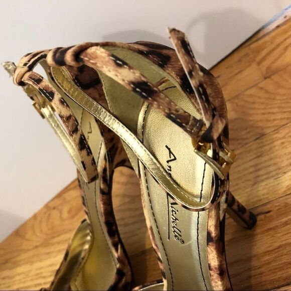 Leopard cheetah print sandal heels shoes NEW satin brown gold tan black 7.5 NIB - Picture 12 of 13